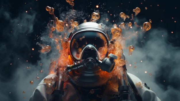 Homem com máscara de gás com fumaça densa emitida do rosto
