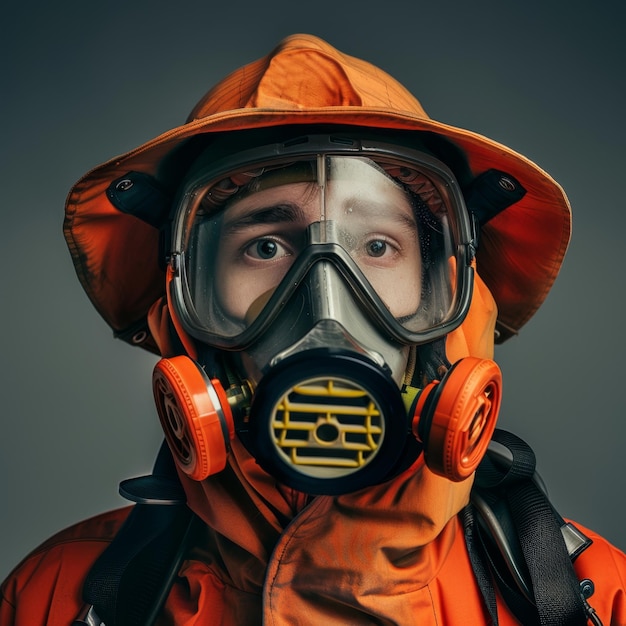 Homem com máscara de gás e casaco laranja