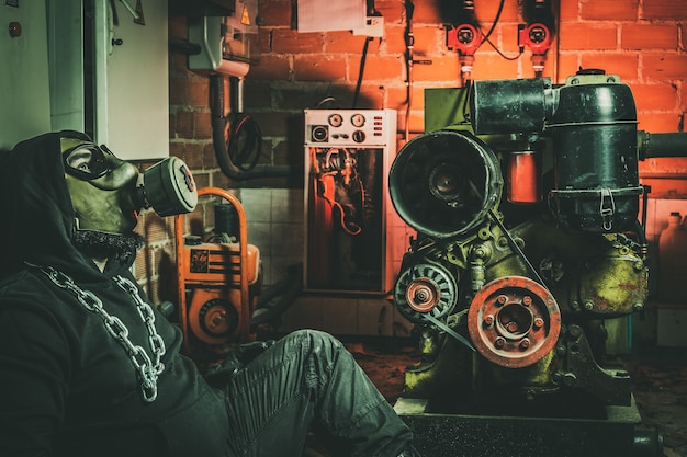 Homem com máscara de gás e um martelo na sala de máquinas. Conceito de perigo nuclear, biológico e químico.