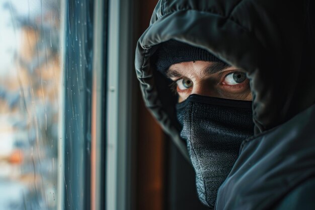 Homem com máscara de rosto olhando pela janela