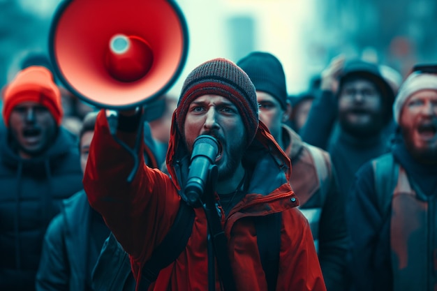 Foto homem com megafone na frente da multidão