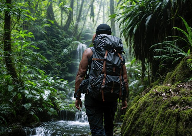 Homem com mochila caminhando na floresta tropical conceito de viagem e aventura