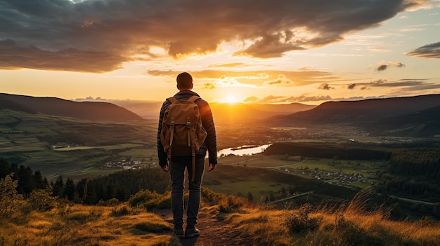 Homem com mochila em pé no topo de uma montanha e olhando o lindo pôr do sol