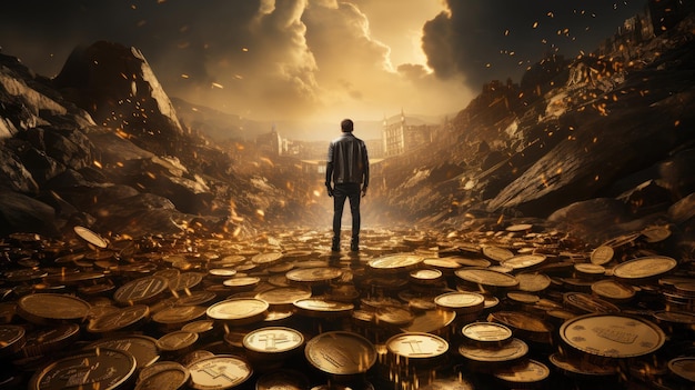 Homem com moedas de ouro HD 8K fundo de papel de parede Imagem fotográfica de estoque