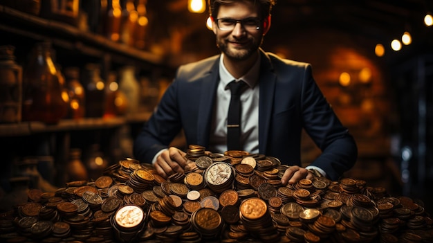homem com moedas nas mãos de uma equipe de negócios finanças e conceito de investimento