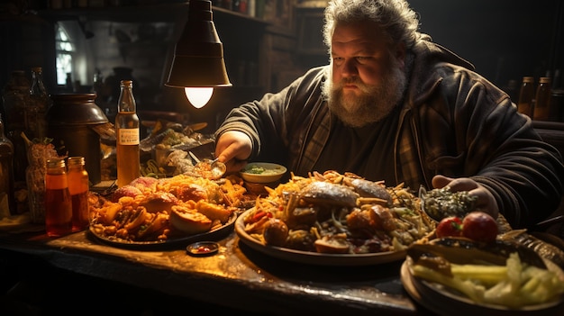 Homem com muita comida.