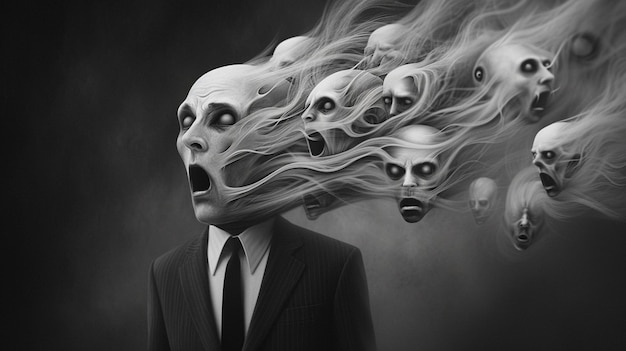 Homem com múltiplos rostos de fantasma estendendo-se da cabeça Estes rostos apareceram com um efeito de desfocamento de movimento