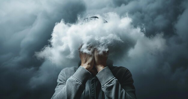 Homem com nuvem sobre a cabeça representando solidão e depressão conceito abstrato