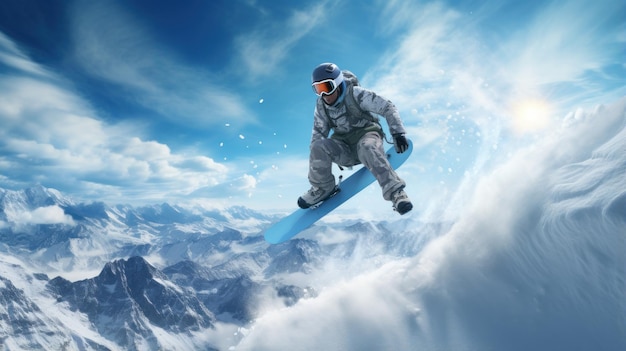 Homem com óculos de esqui anda de snowboard em uma montanha nevada