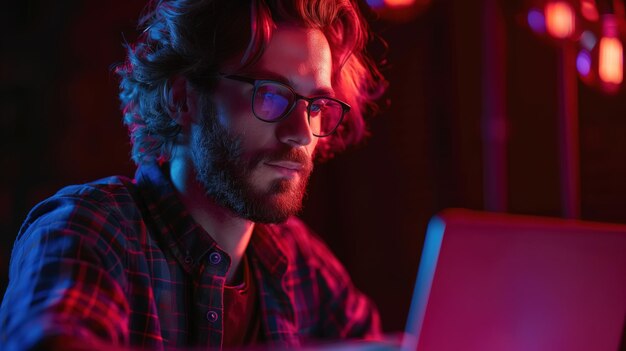 Homem com óculos está focado no ecrã de seu laptop trabalhando em um curso ou treinamento on-line Ele parece interessado e atento ao conteúdo exibido no computador