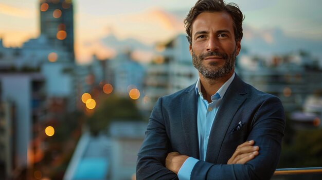 Foto homem com os braços cruzados em frente ao edifício