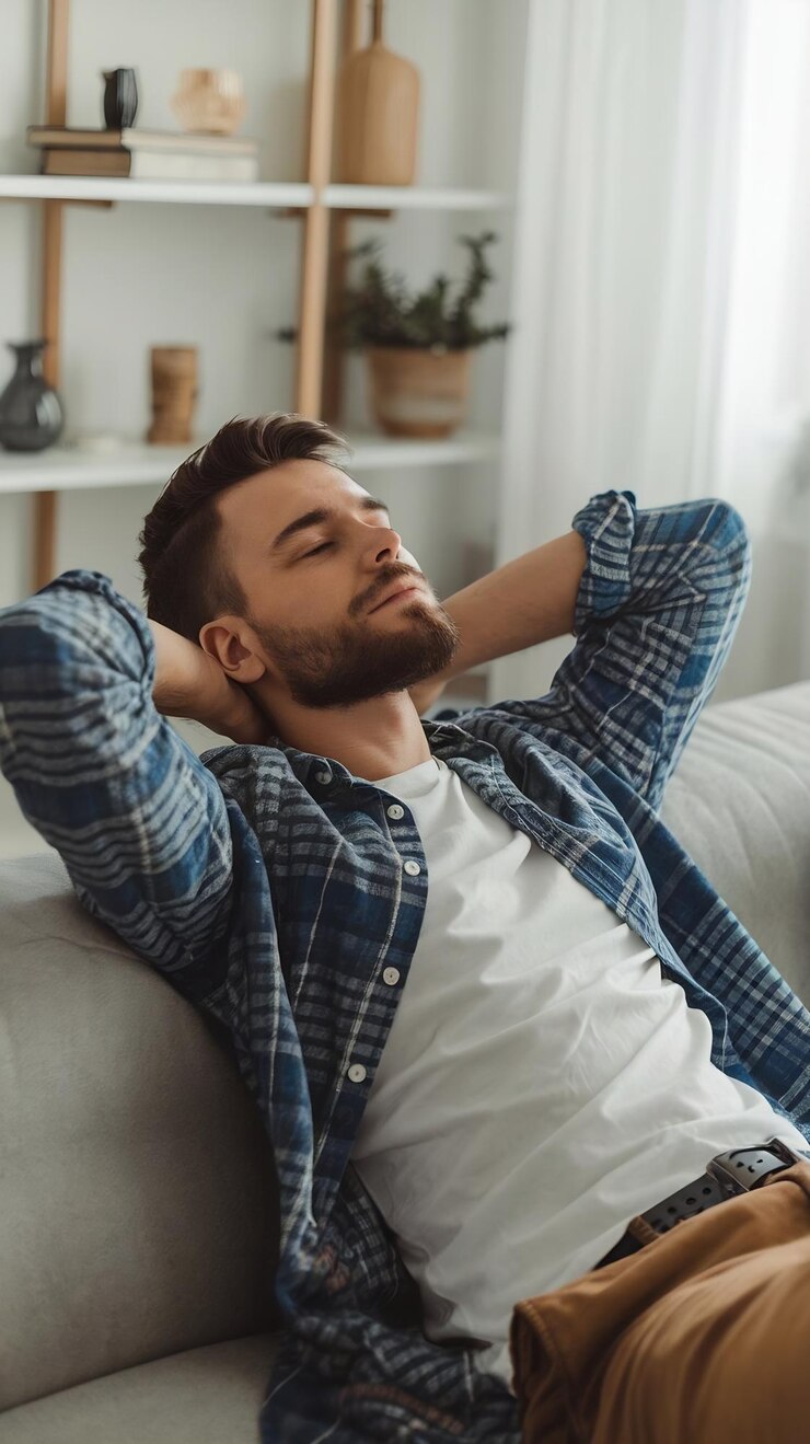 Foto homem com os olhos fechados relaxando no sofá em casa