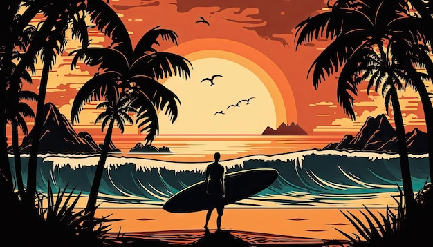 Foto homem com prancha de surf em praia tropical de areia, paisagem caribenha e silhuetas de palmeiras ao nascer ou pôr do sol. ilustração gerada por ai paisagem de praia tropical e surfista