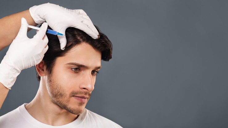 Foto homem com problema de perda de cabelo recebendo injeção na cabeça fundo cinzento espaço vazio