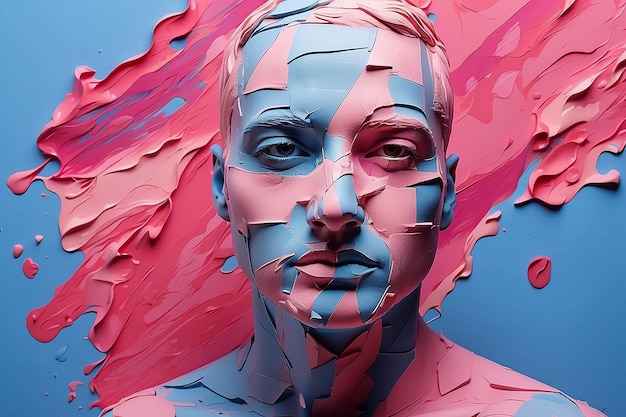 Homem com rosto coberto por tintas em fundo azul a rosa criado usando tecnologia generativa de IA