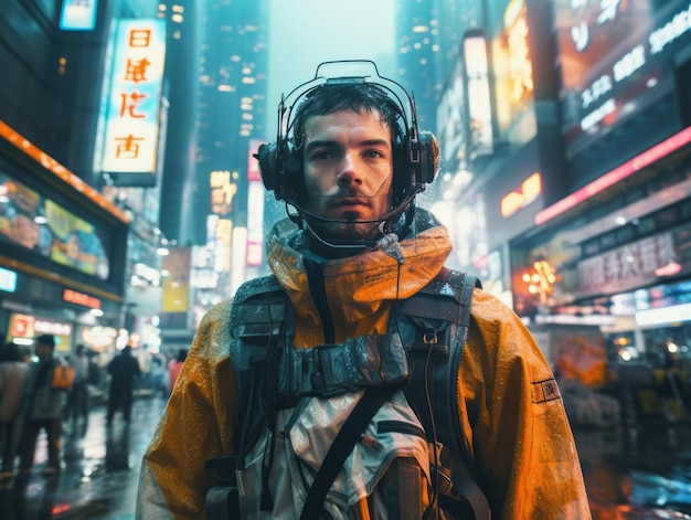 homem com roupas futuristas desfruta de um passeio pelas ruas da cidade