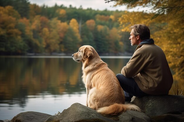 Homem com seu amigo cão Golden Retriever sentado à beira de um lago