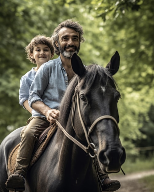 Homem com seu filho andando em um fundo de jardim feliz animado a cavalo