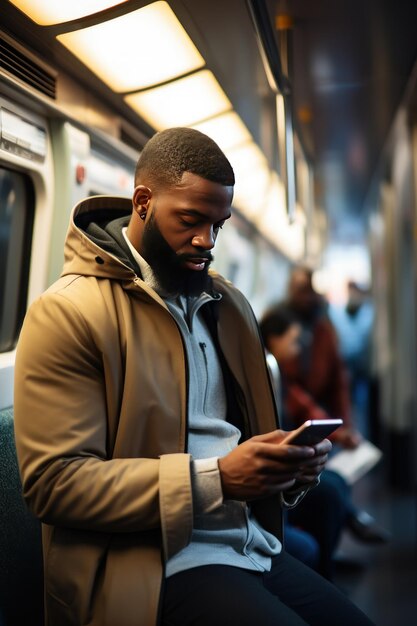 Homem com smartphone no metrô percorre mensagens completamente absorvido no mundo digital