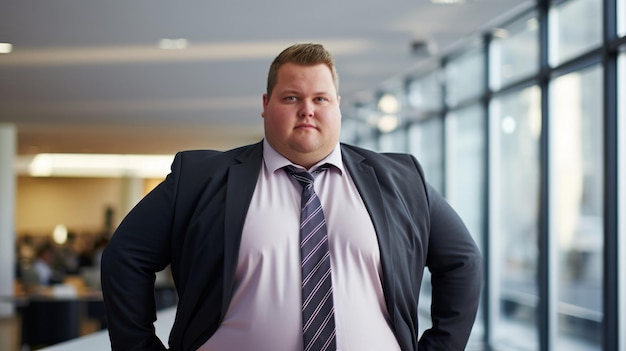Homem com sobrepeso no escritório moderno Um homem gordo de terno gerado por uma IA de trabalhador de escritório