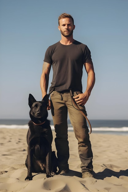 Homem com um cão na praia.