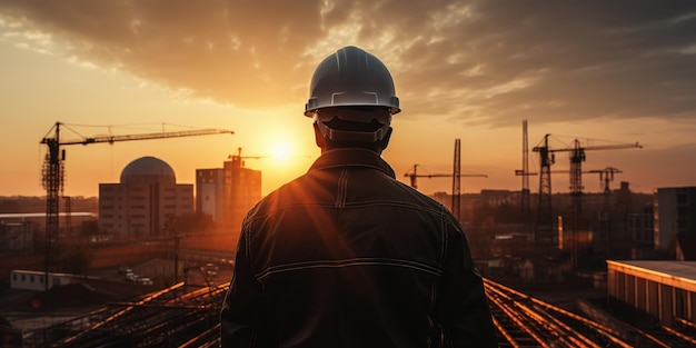 Foto homem com um capacete de construção tendo como pano de fundo um prédio em construção ia generativa