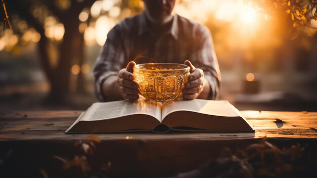 Foto homem com um copo com um livro aberto