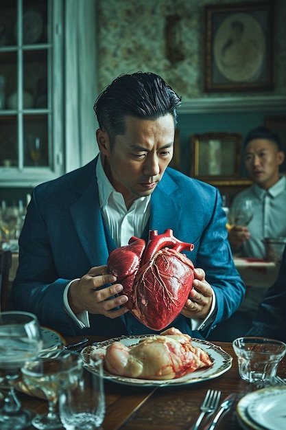 Homem com um coração humano na mão representando ganância ambição e infidelidade