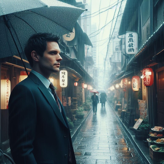 Homem com um guarda-chuva na rua estreita do Japão