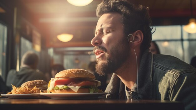 homem com um hambúrguer na cabeça e fones de ouvido