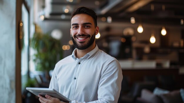 Foto homem com um sorriso amigável segurando um tablet em um ambiente de escritório moderno