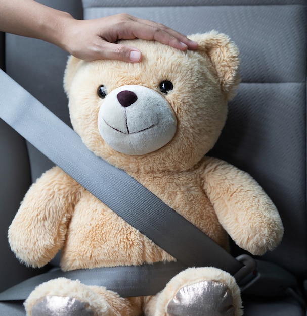 Homem com um ursinho de pelúcia usando cinto de segurança no carro
