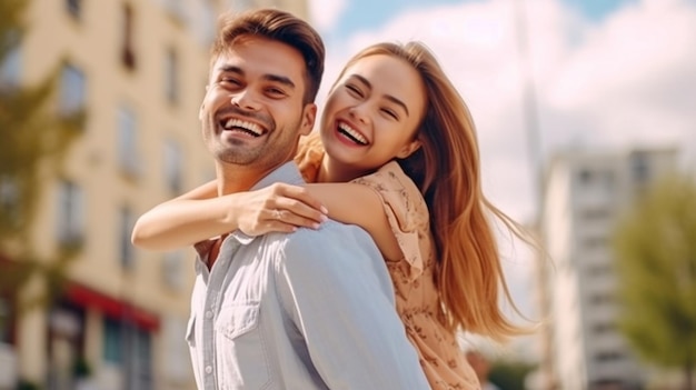 Homem com uma jovem casal ao ar livre curtindo a aposentadoria juntos enquanto sorria e cavalgava nas costas ia generativa