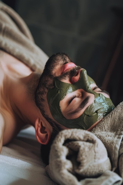 Foto homem com uma máscara cosmética verde deitado em um sofá em um salão de spa homens auto-cuidados orientação vertical