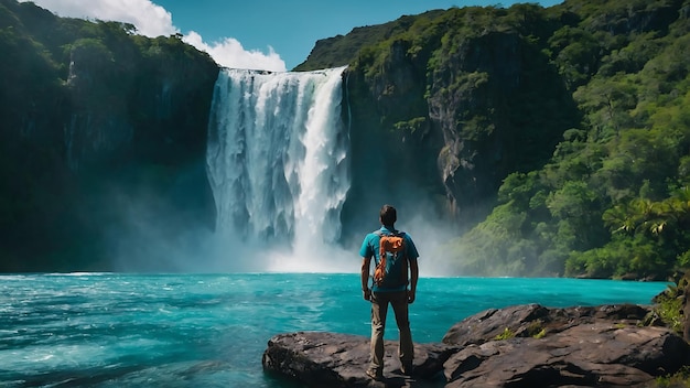 Homem com uma mochila de pé em frente a uma cachoeira