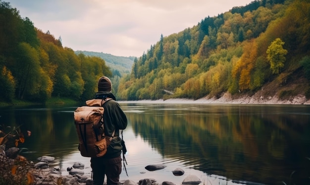 Homem com uma mochila grande observando a bela vista de um lago de montanha Turista apreciando a vista hipnotizante de uma natureza de outono Generative AI