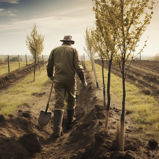 homem com uma pá planta uma pequena árvore closeup conceito de natureza