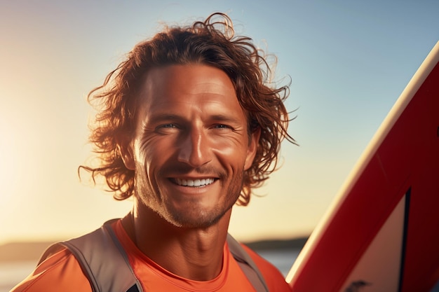 Foto homem com uma prancha de windsurf em um fundo de praia