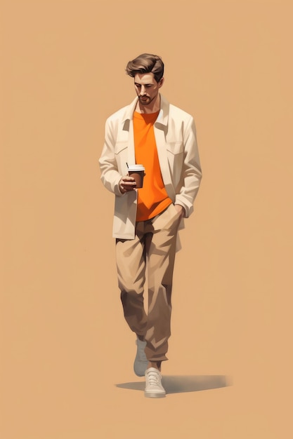 Homem com uma xícara de café está andando pela rua em tons pastéis de laranja O cara saiu da cafeteria com uma xícara de café na mão
