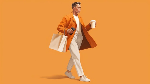 Homem com uma xícara de café está andando pela rua em tons pastel de laranja O cara saiu da cafeteria com uma xícara de café na mão