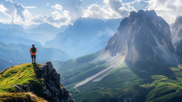 Homem com vista para o vale do topo de uma colina rochosa nas Dolomitas