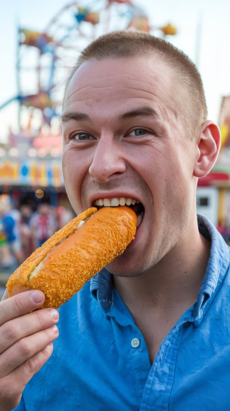 Foto homem comendo cachorro-quente vista frontal