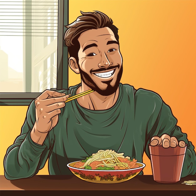 Homem comendo macarrão de Ramen com desenho de pauzinho