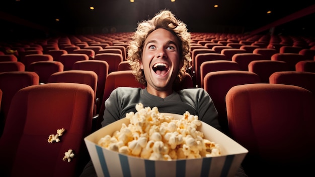 Homem comendo pipoca em um cinema sentado e comendo pipoca AI Generated