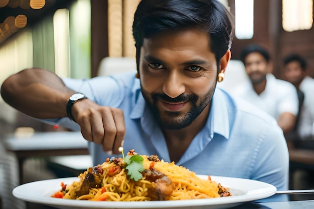 Foto homem comendo um prato de comida com um garfo