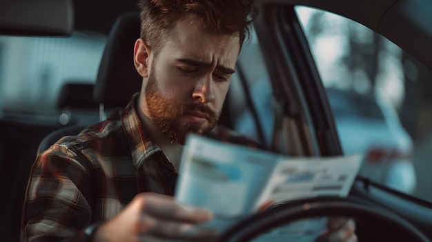 Homem concentrado lendo um jornal dentro de um carro ao anoitecer cena da vida cotidiana estilo casual momento sincero capturado motorista fazendo uma pausa AI