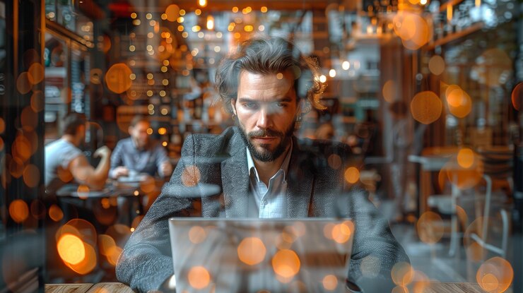 Homem concentrado trabalhando em laptop em um café aconchegante com iluminação ambiente quente nas horas da noite