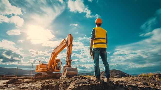 Homem condutor construtor operar guindaste ou escavadora no local de construção desenvolvimento de dia ensolarado