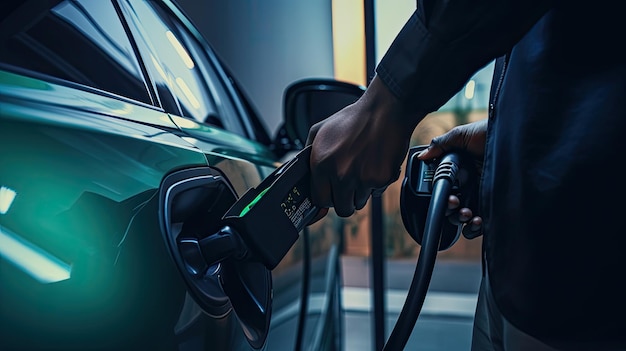 Homem conectando o carregador a um carro elétrico na estação de carga