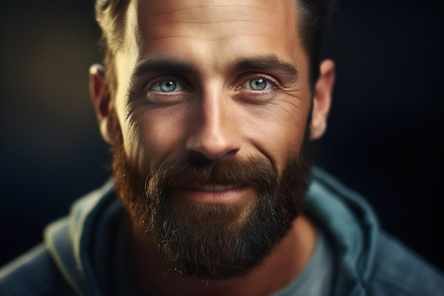 Homem confiante com barba e bigode sorrindo gerado por retrato de realismo de alta qualidade de IA